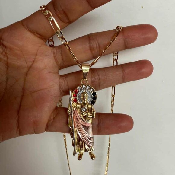 St Judas Tadeo Pendant Necklace 14K Gold Plated Religious Figaro 20-Inch - 4mm - Picture 3 of 4